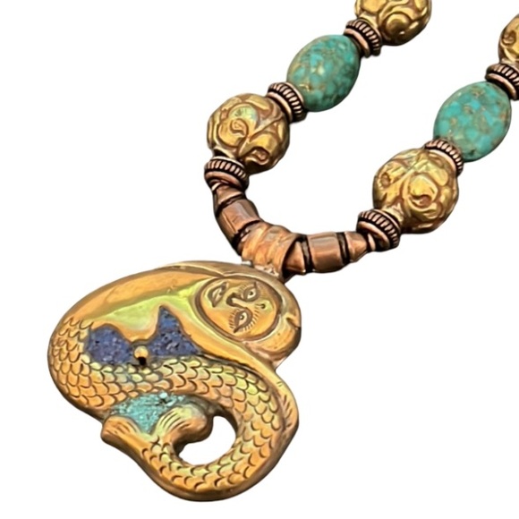 Antique Victorian Turkish Bronze Work w Turquoise Stone Beaded Mermaid Necklace - Picture 3 of 11